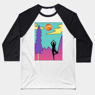 Animated Yoga Mountains Sun and River Graphic Baseball T-Shirt